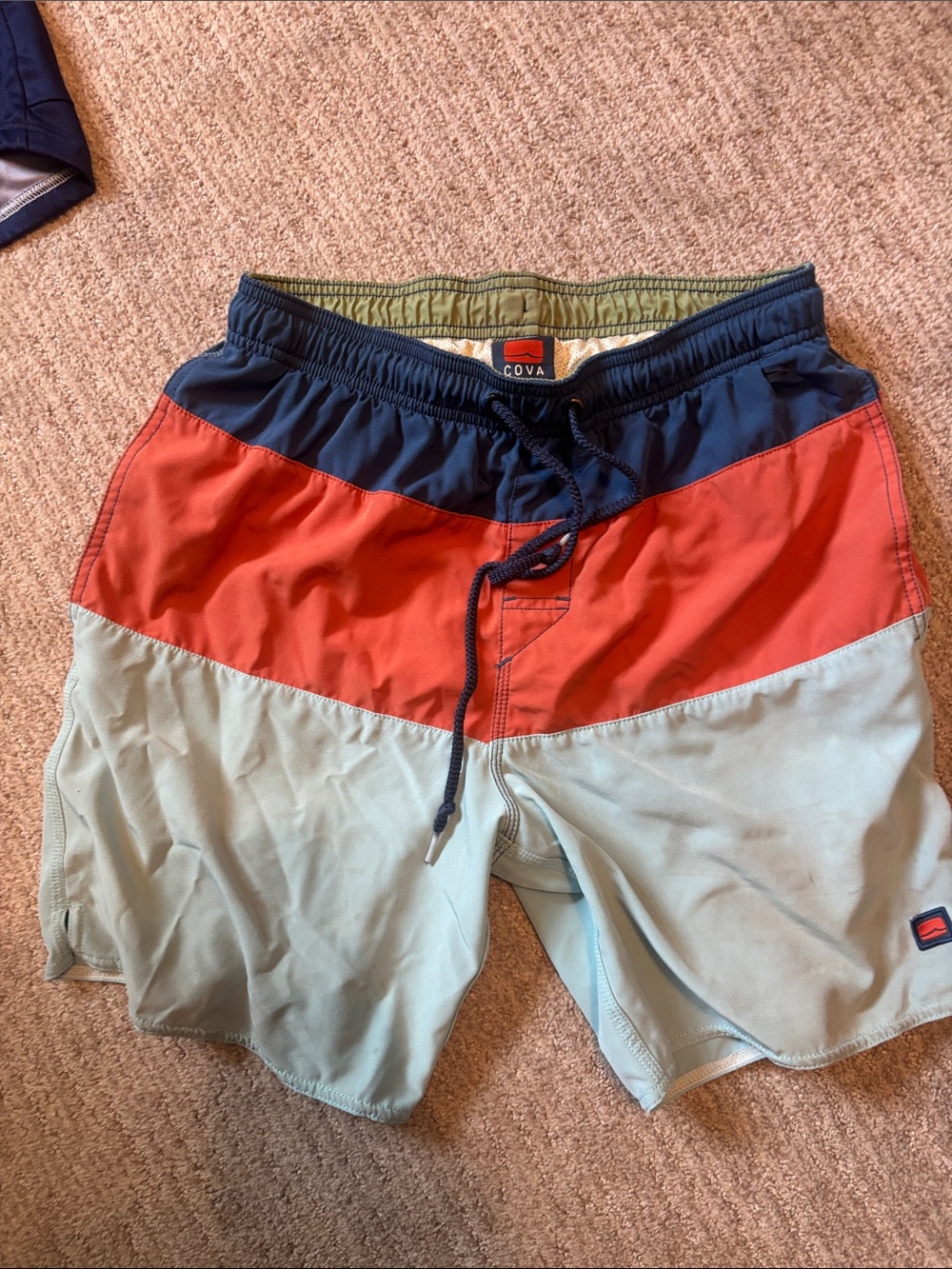 Cova Men’s Colorblock Swim Board Shorts — Navy, Coral & Mint